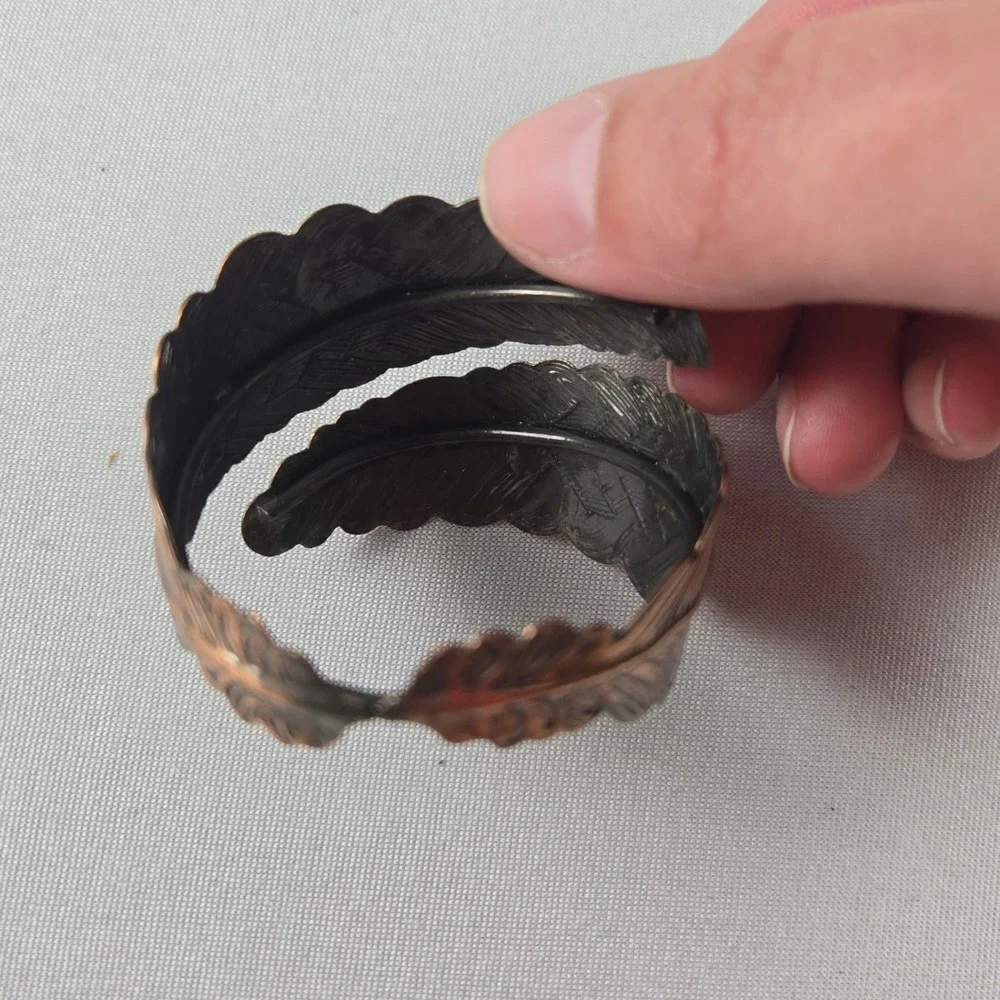 Vintage Set of 6 Copper Tone Feather Napkin Rings Metal Rustic Thanksgiving Boho